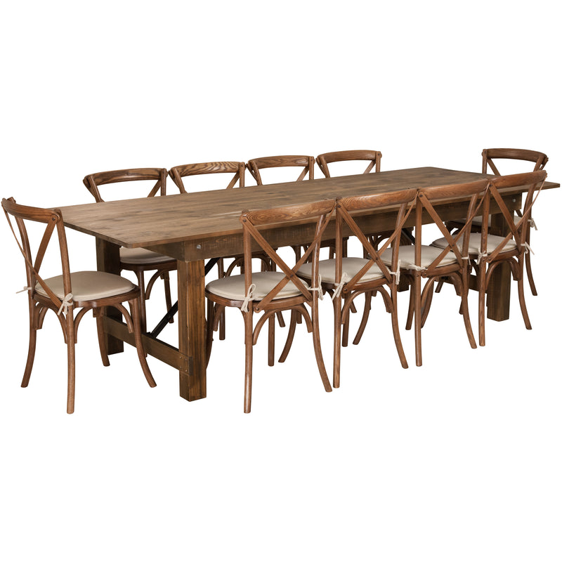 HERCULES Series 9' x 40'' Antique Rustic Folding Farm Table Set with 12 Cross Back Chairs and Cushions