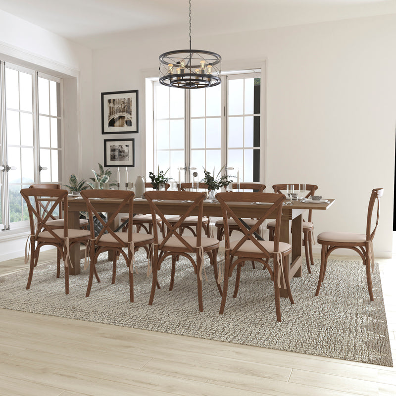 HERCULES Series 9' x 40'' Antique Rustic Folding Farm Table Set with 12 Cross Back Chairs and Cushions