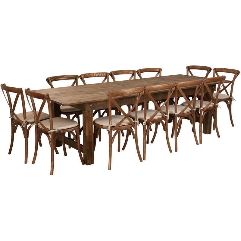 HERCULES 46" x 30" Antique Rustic Farm Table Set with 4 Cross Back Chairs and Cushions