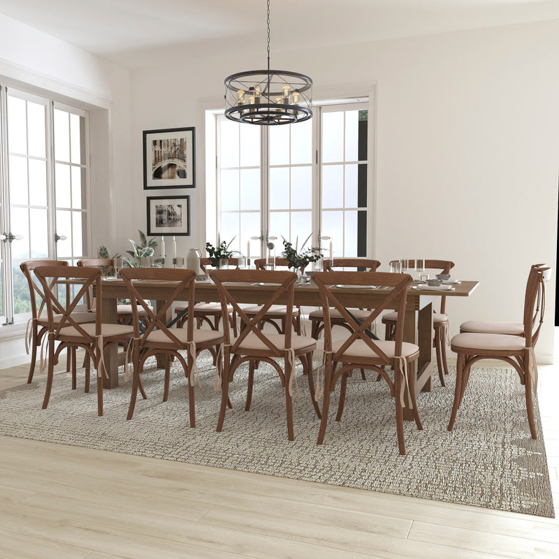HERCULES 46" x 30" Antique Rustic Farm Table Set with 4 Cross Back Chairs and Cushions