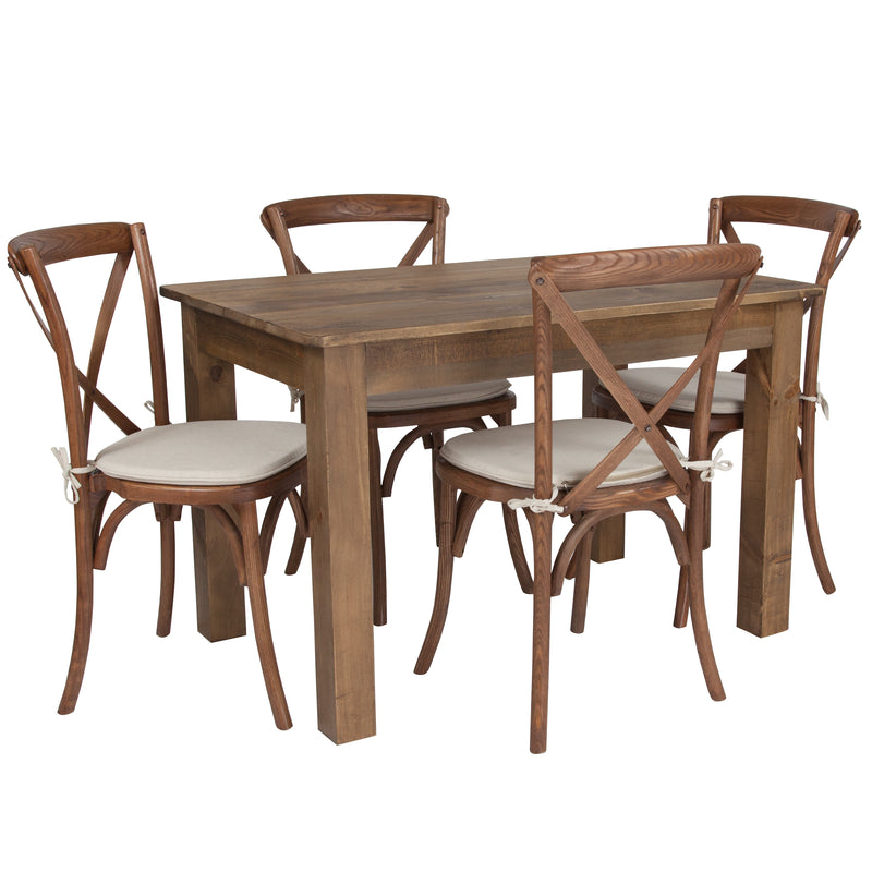 HERCULES 60" x 38" Antique Rustic Farm Table Set with 4 Cross Back Chairs and Cushions