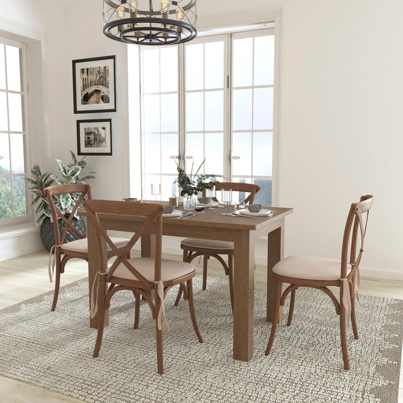 HERCULES 60" x 38" Antique Rustic Farm Table Set with 4 Cross Back Chairs and Cushions