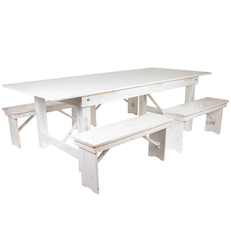 HERCULES Series 60" Round Solid Pine Folding Farm Dining Table Set with 4 Cross Back Chairs and Cushions