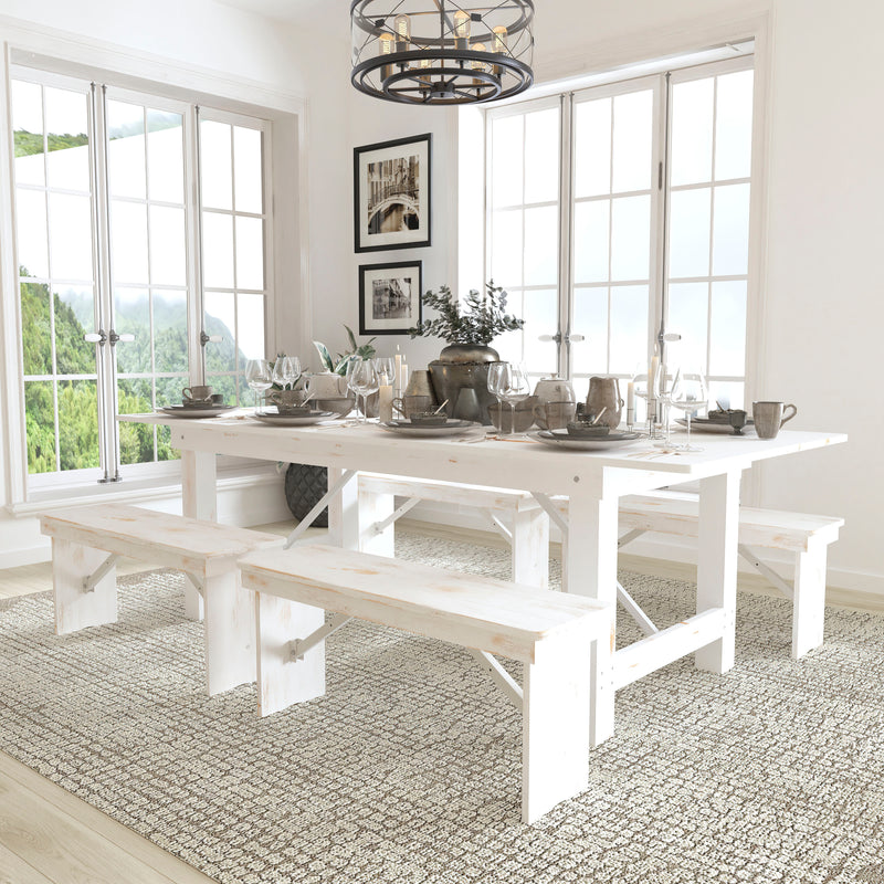 HERCULES Series 60" Round Solid Pine Folding Farm Dining Table Set with 4 Cross Back Chairs and Cushions