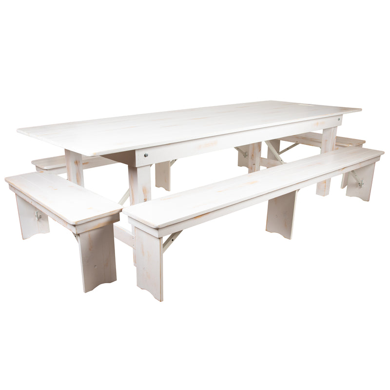 HERCULES Series 7' x 40'' Antique Rustic Folding Farm Table Set with 4 Cross Back Chairs and Cushions