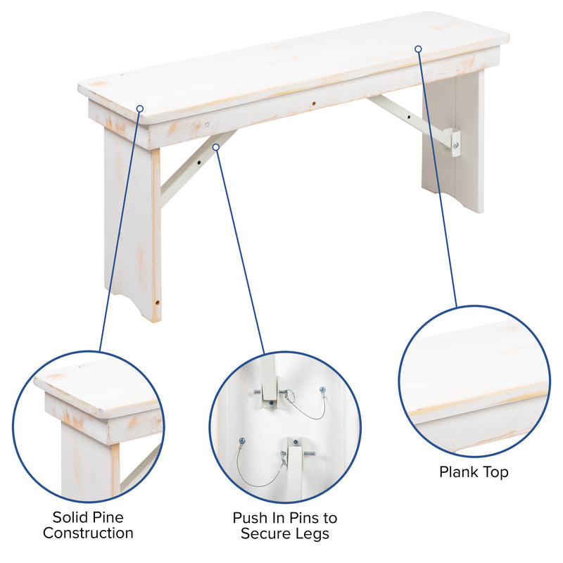 HERCULES Series 7' x 40'' Antique Rustic Folding Farm Table Set with 4 Cross Back Chairs and Cushions