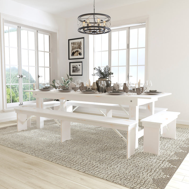 HERCULES Series 7' x 40'' Antique Rustic Folding Farm Table Set with 4 Cross Back Chairs and Cushions
