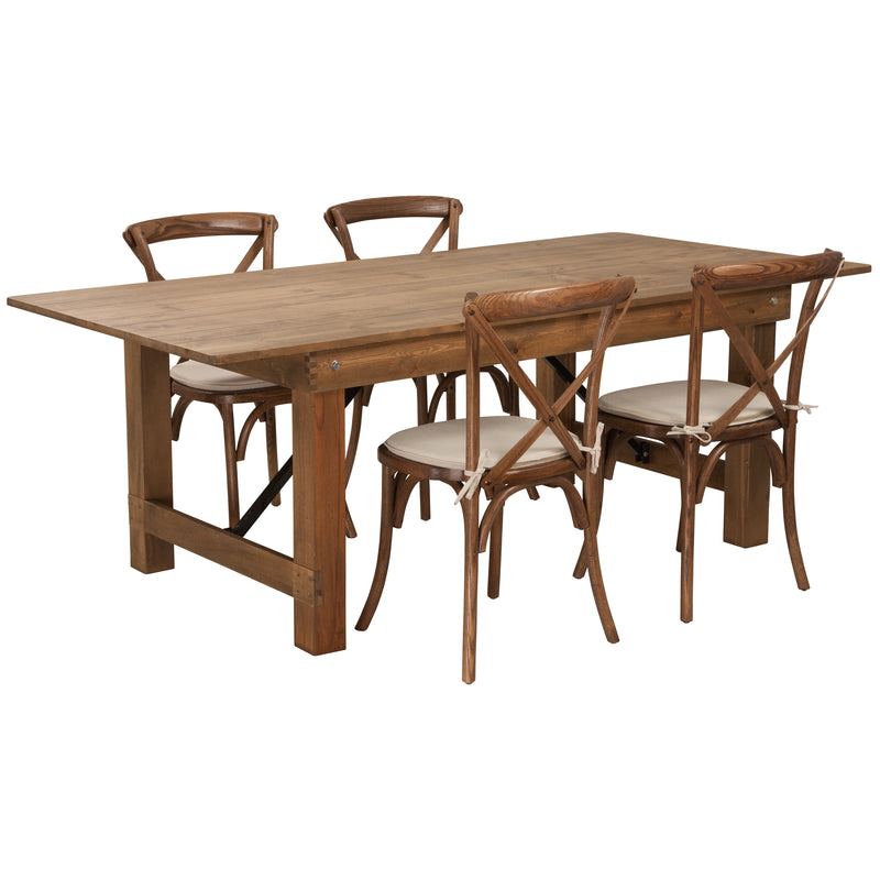 HERCULES Series 7' x 40'' Antique Rustic Folding Farm Table Set with 6 Cross Back Chairs and Cushions