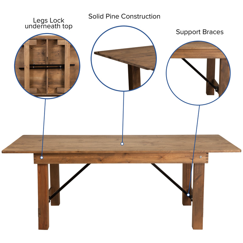 HERCULES Series 7' x 40'' Antique Rustic Folding Farm Table Set with 6 Cross Back Chairs and Cushions