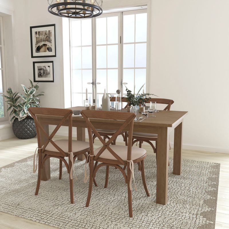 HERCULES Series 7' x 40'' Antique Rustic Folding Farm Table Set with 6 Cross Back Chairs and Cushions