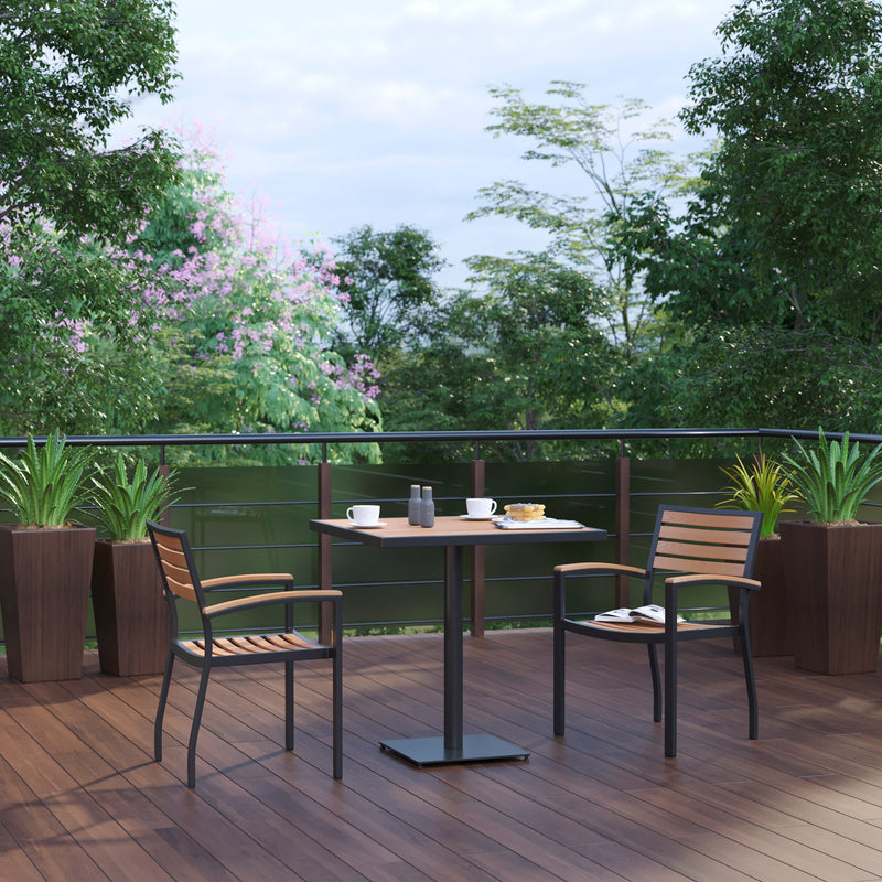 Lark Indoor/Outdoor 3 Piece Patio Dining Table Set - 30" Square Faux Teak Table & 2 Stacking Club Chairs with Teak Accented Arms
