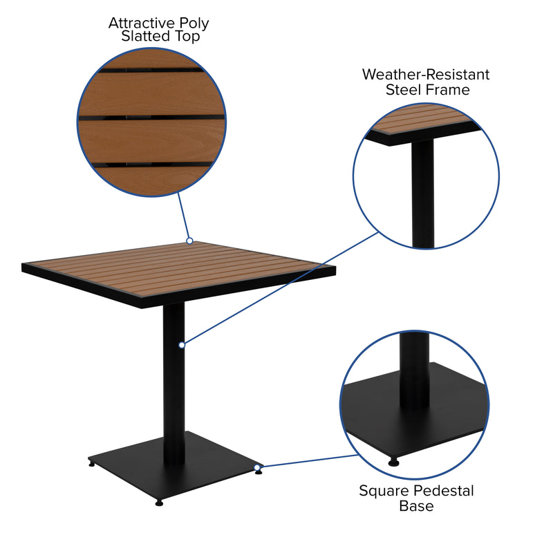 Lark Indoor/Outdoor 3 Piece Patio Dining Table Set - 30" Square Faux Teak Table & 2 Stacking Club Chairs with Teak Accented Arms