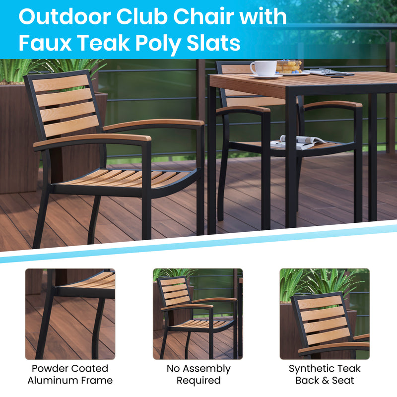 Lark Indoor/Outdoor 3 Piece Patio Dining Table Set - 30" Square Faux Teak Table & 2 Stacking Club Chairs with Teak Accented Arms