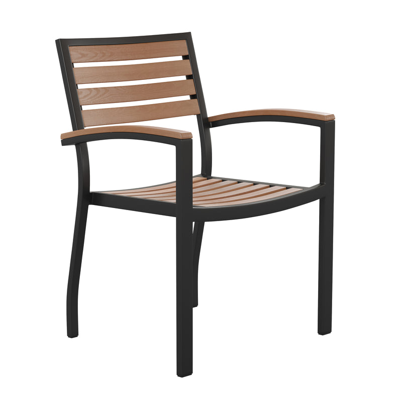 Lark Indoor/Outdoor 3 Piece Patio Dining Table Set - 30" Square Faux Teak Table & 2 Stacking Club Chairs with Teak Accented Arms