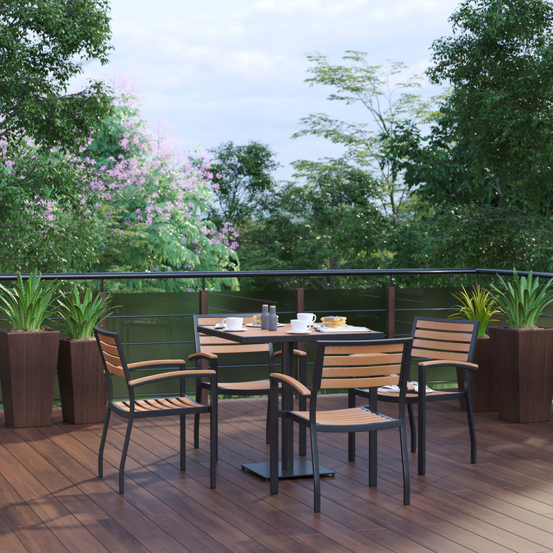 Lark Indoor/Outdoor 5 Piece Patio Dining Table Set - 30" Square Faux Teak Table & 4 Stacking Club Chairs with Teak Accented Arms