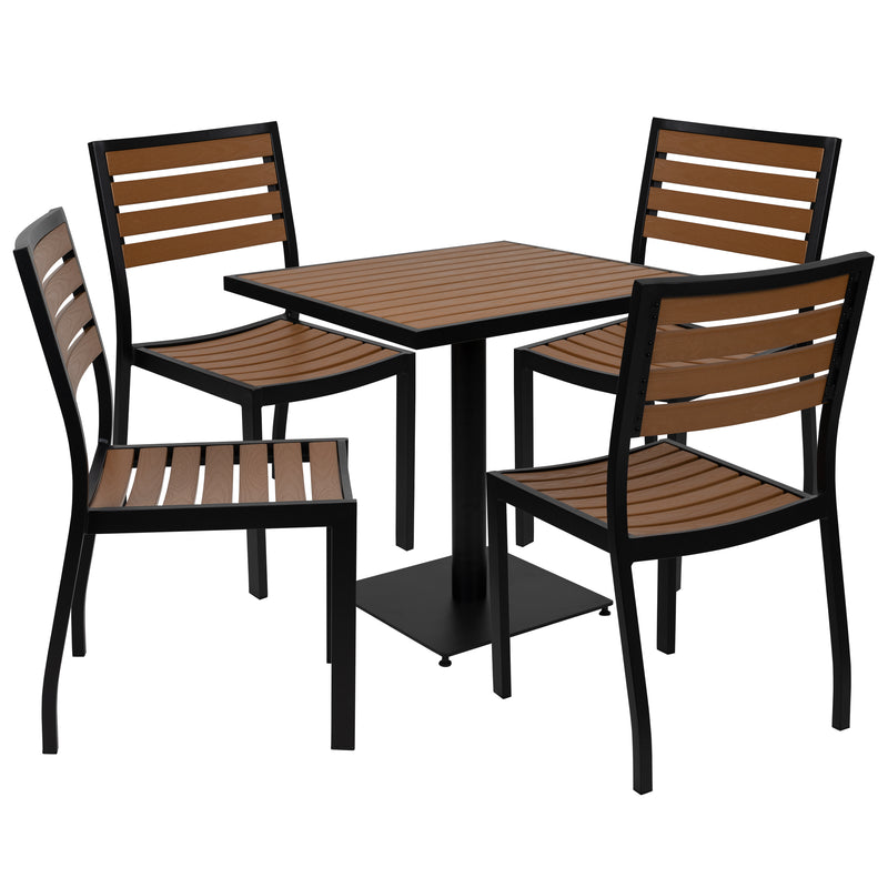 Lark 5 Piece Outdoor Dining Table Set - Synthetic Teak Poly Slats - 30" x 48" Steel Framed Table with Umbrella Hole-4 Club Chairs