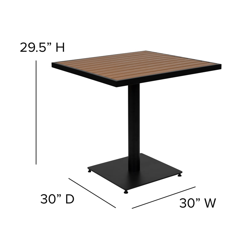 Lark 5 Piece Outdoor Dining Table Set - Synthetic Teak Poly Slats - 30" x 48" Steel Framed Table with Umbrella Hole-4 Club Chairs