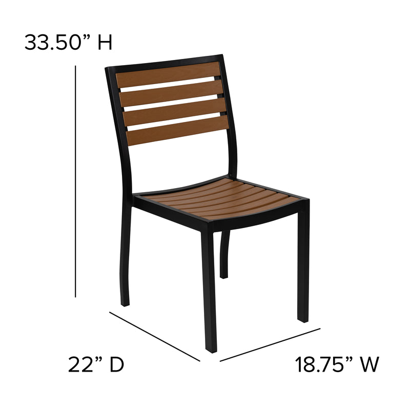 Lark 5 Piece Outdoor Dining Table Set - Synthetic Teak Poly Slats - 30" x 48" Steel Framed Table with Umbrella Hole-4 Club Chairs