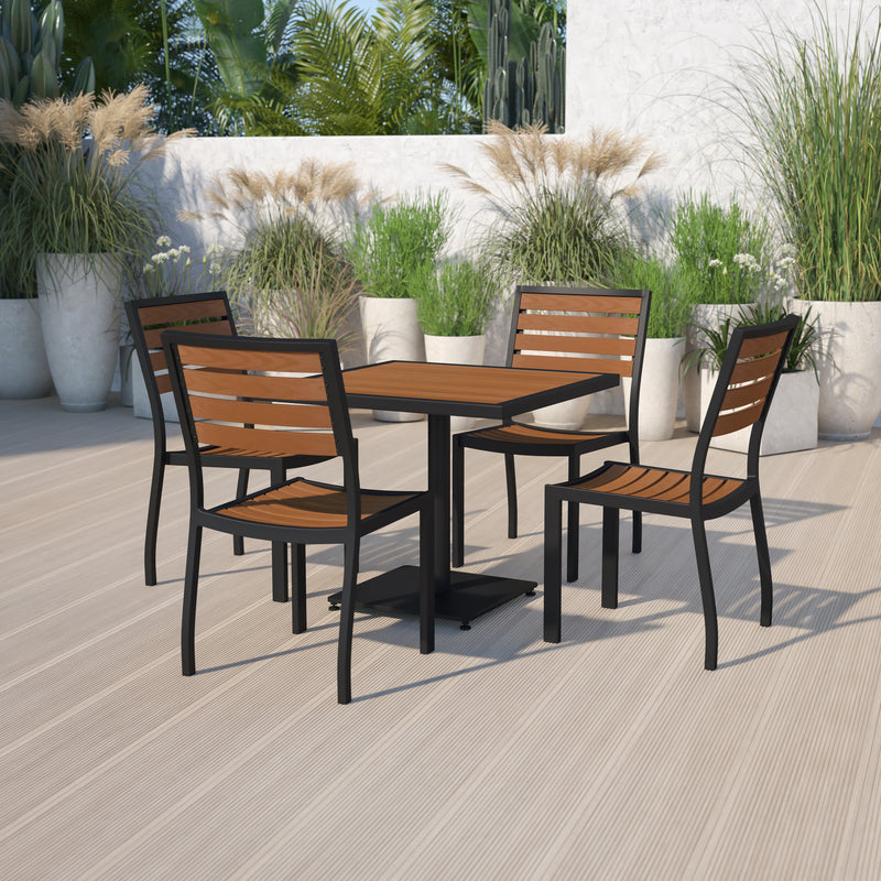 Lark 5 Piece Outdoor Dining Table Set - Synthetic Teak Poly Slats - 30" x 48" Steel Framed Table with Umbrella Hole-4 Club Chairs