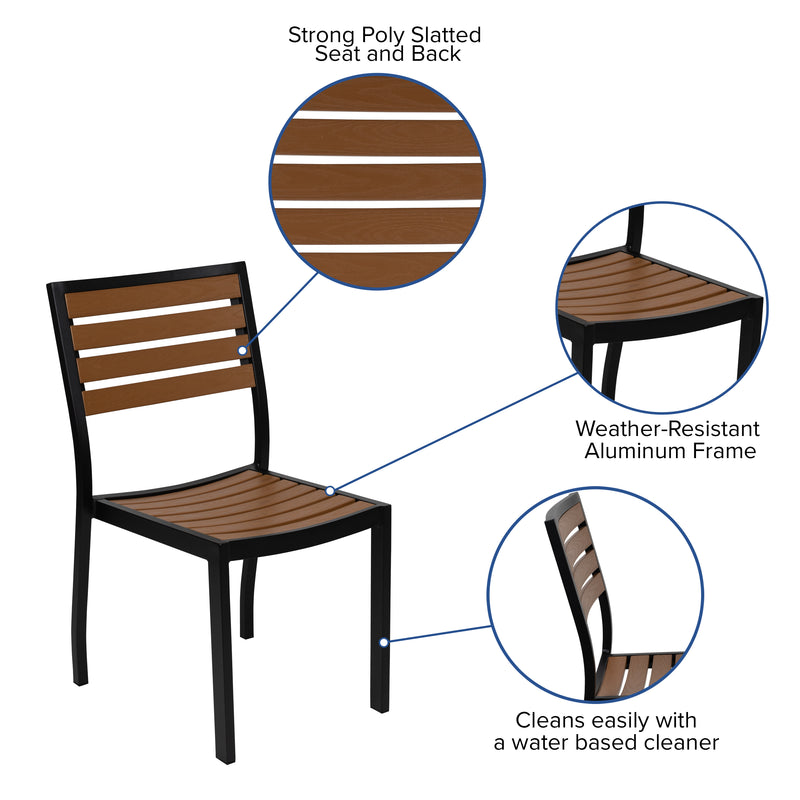 Lark 5 Piece Outdoor Dining Table Set - Synthetic Teak Poly Slats - 30" x 48" Steel Framed Table with Umbrella Hole-4 Club Chairs