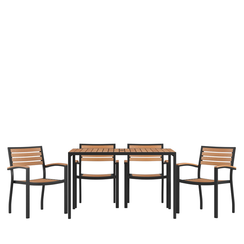 Lark 5 Piece Outdoor Dining Table Set - Synthetic Teak Poly Slats - 30" x 48" Steel Framed Table with Umbrella Hole-4 Club Chairs