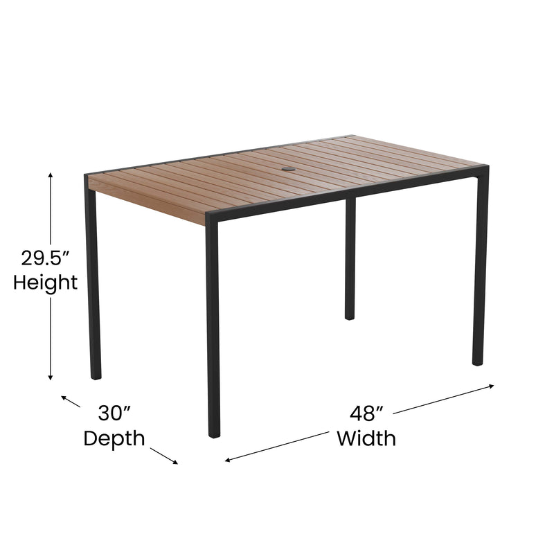 Lark 5 Piece Outdoor Dining Table Set - Synthetic Teak Poly Slats - 30" x 48" Steel Framed Table with Umbrella Hole-4 Club Chairs