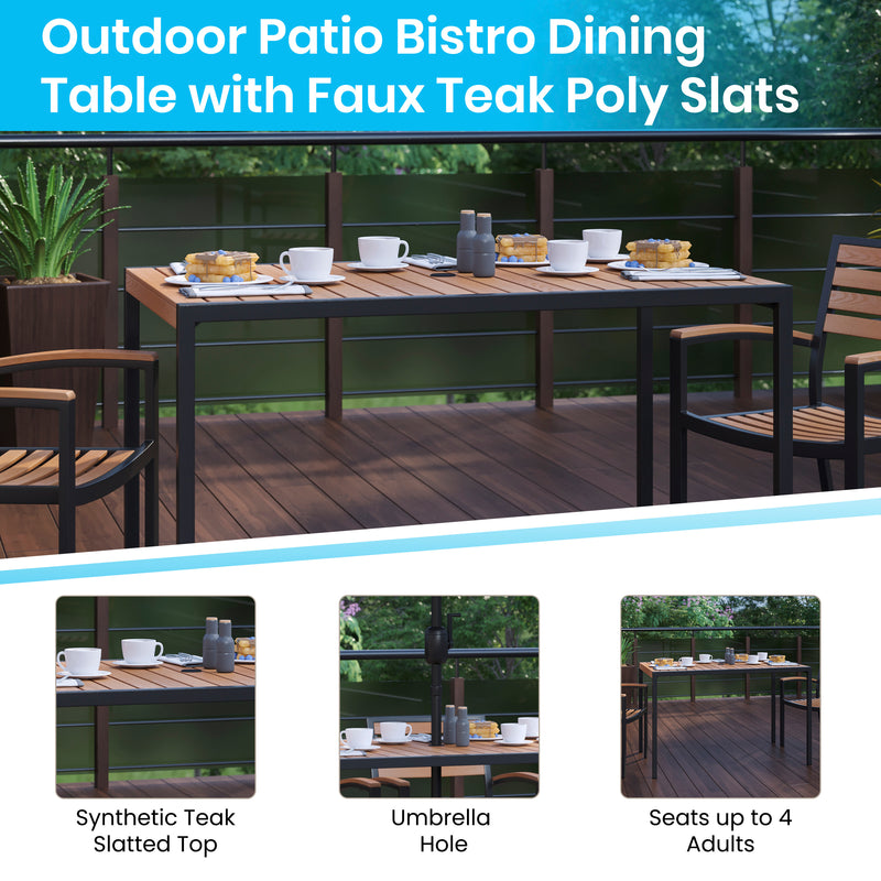 Lark 5 Piece Outdoor Dining Table Set - Synthetic Teak Poly Slats - 30" x 48" Steel Framed Table with Umbrella Hole-4 Club Chairs