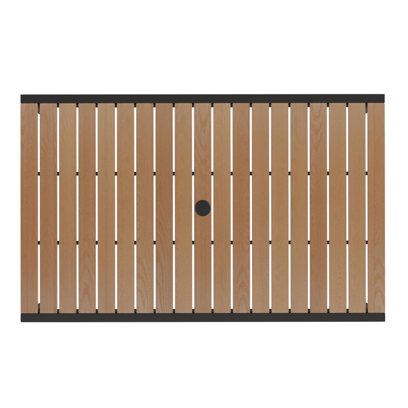 Lark 5 Piece Outdoor Dining Table Set - Synthetic Teak Poly Slats - 30" x 48" Steel Framed Table with Umbrella Hole-4 Club Chairs