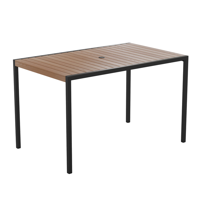 Lark 5 Piece Outdoor Dining Table Set - Synthetic Teak Poly Slats - 30" x 48" Steel Framed Table with Umbrella Hole-4 Club Chairs