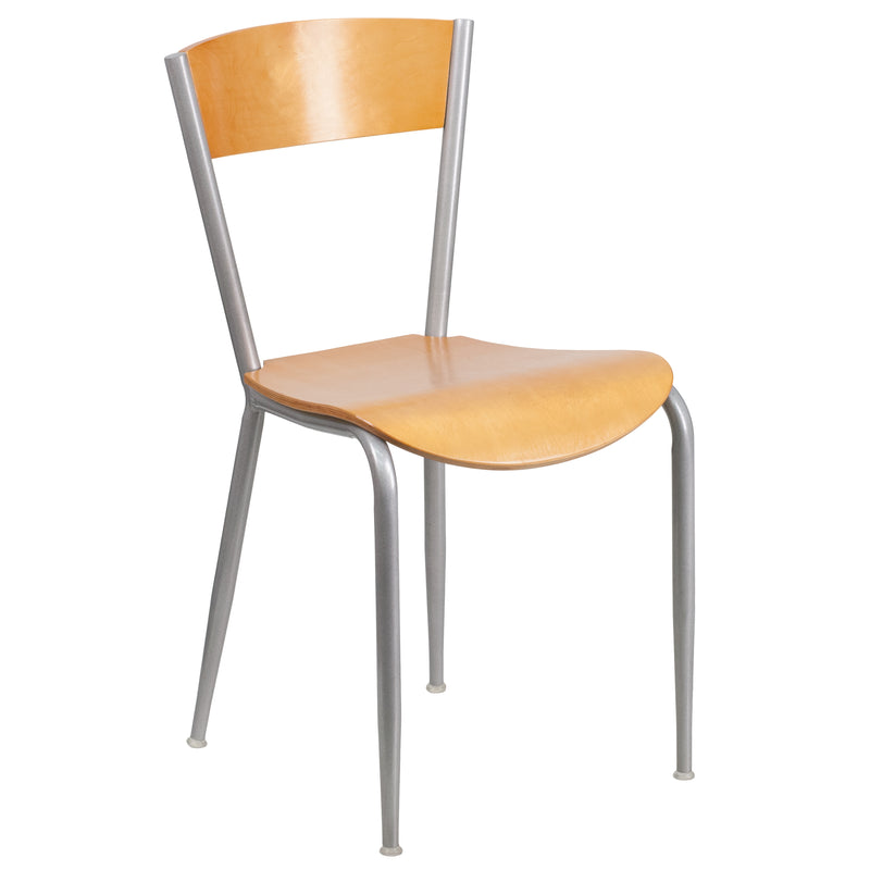 Invincible Series Silver Metal Restaurant Chair - Natural Wood Back & Seat
