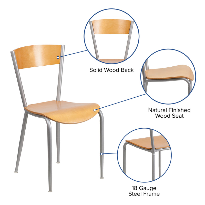 Invincible Series Silver Metal Restaurant Chair - Natural Wood Back & Seat