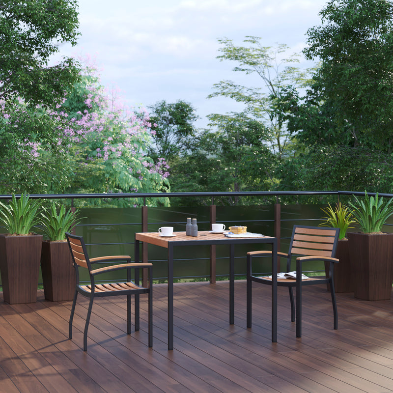 Lark 3 Piece Outdoor Dining Table Set - Synthetic Teak Poly Slats - 35" Square Steel Framed Table - Umbrella Hole - 2 Club Chairs