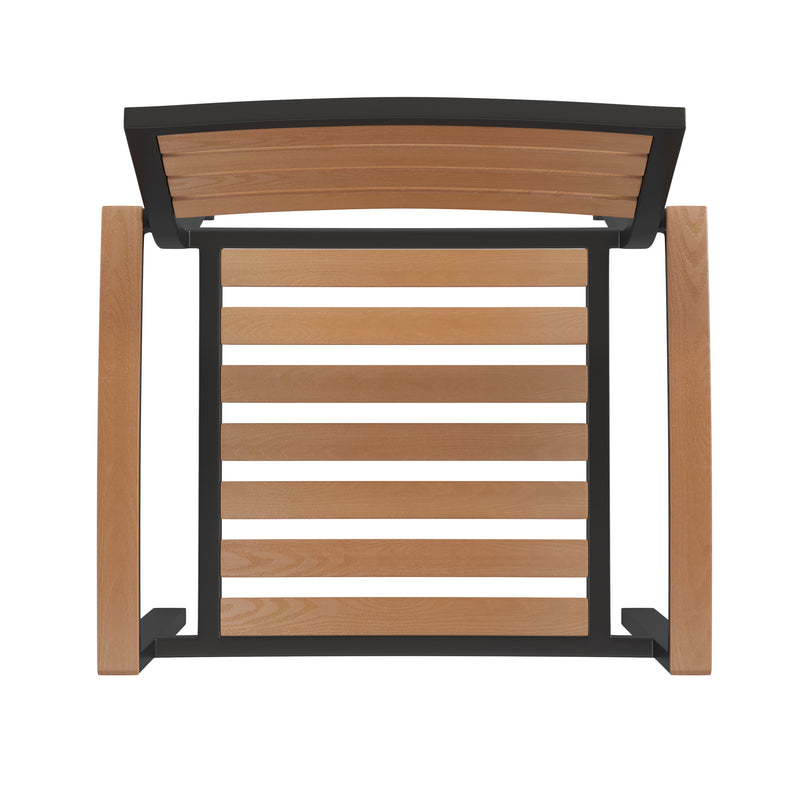 Lark 3 Piece Outdoor Dining Table Set - Synthetic Teak Poly Slats - 35" Square Steel Framed Table - Umbrella Hole - 2 Club Chairs