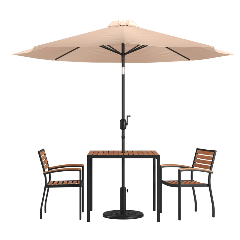 Lark 5 Piece Outdoor Dining Table Set - Synthetic Teak Poly Slats - 35" Square Steel Framed Table - Umbrella Hole - 4 Club Chairs