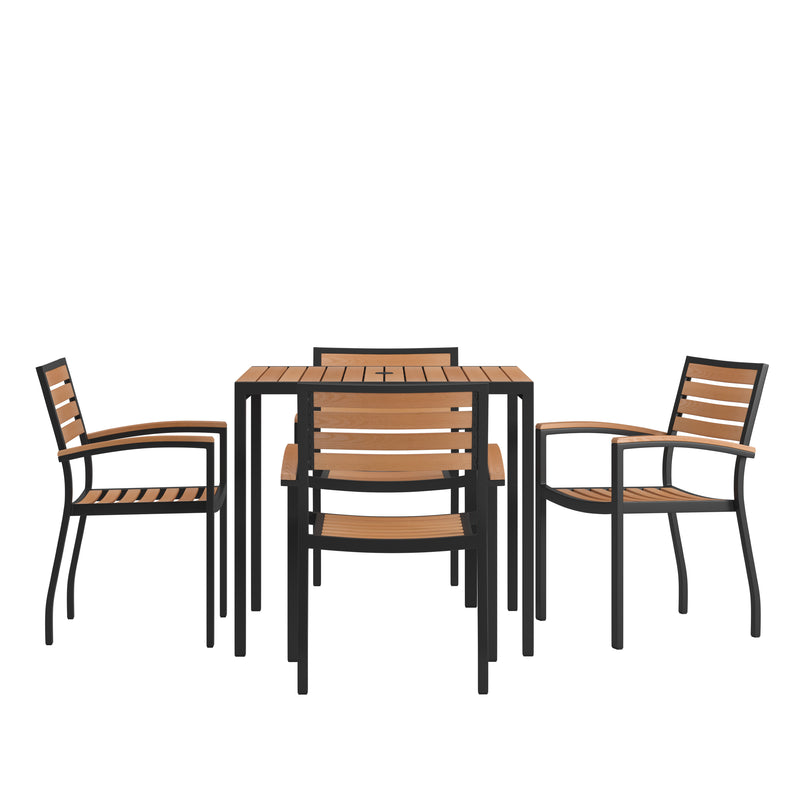 Lark 5 Piece Outdoor Dining Table Set - Synthetic Teak Poly Slats - 35" Square Steel Framed Table - Umbrella Hole - 4 Club Chairs