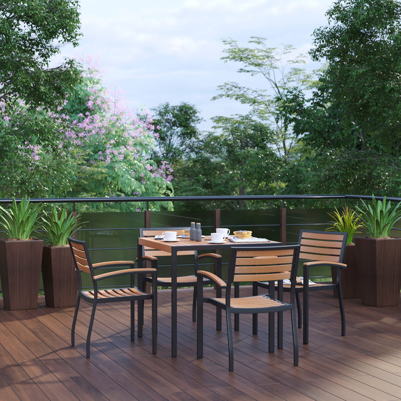 Lark 5 Piece Outdoor Dining Table Set - Synthetic Teak Poly Slats - 35" Square Steel Framed Table - Umbrella Hole - 4 Club Chairs