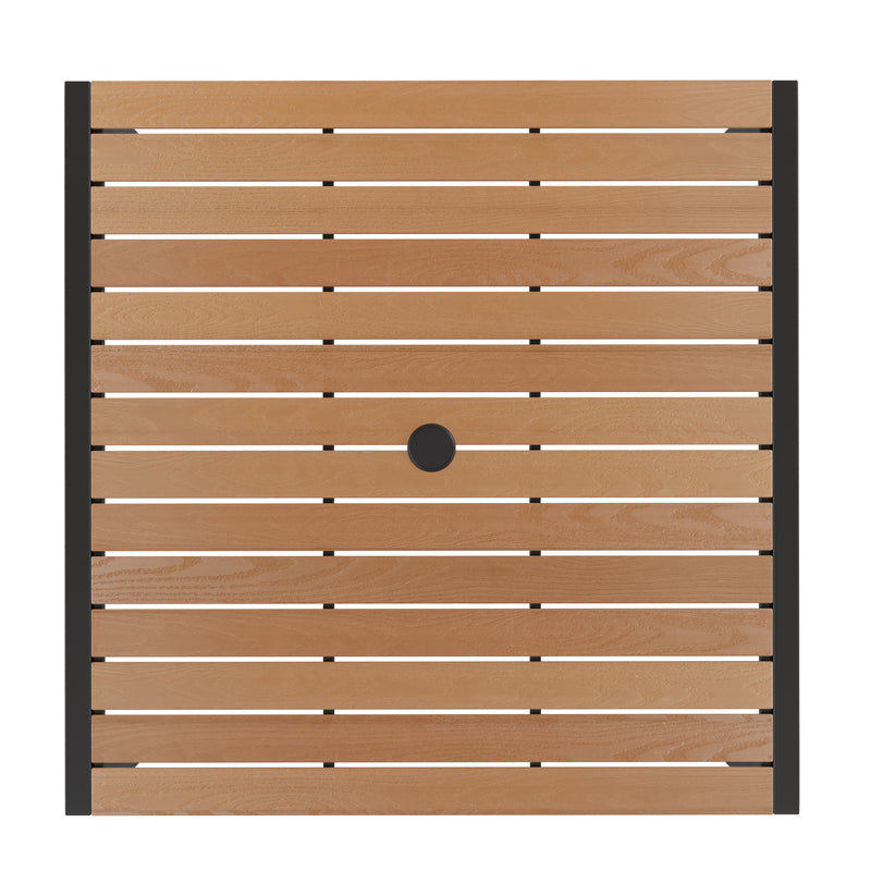 Lark 5 Piece Outdoor Dining Table Set - Synthetic Teak Poly Slats - 35" Square Steel Framed Table - Umbrella Hole - 4 Club Chairs