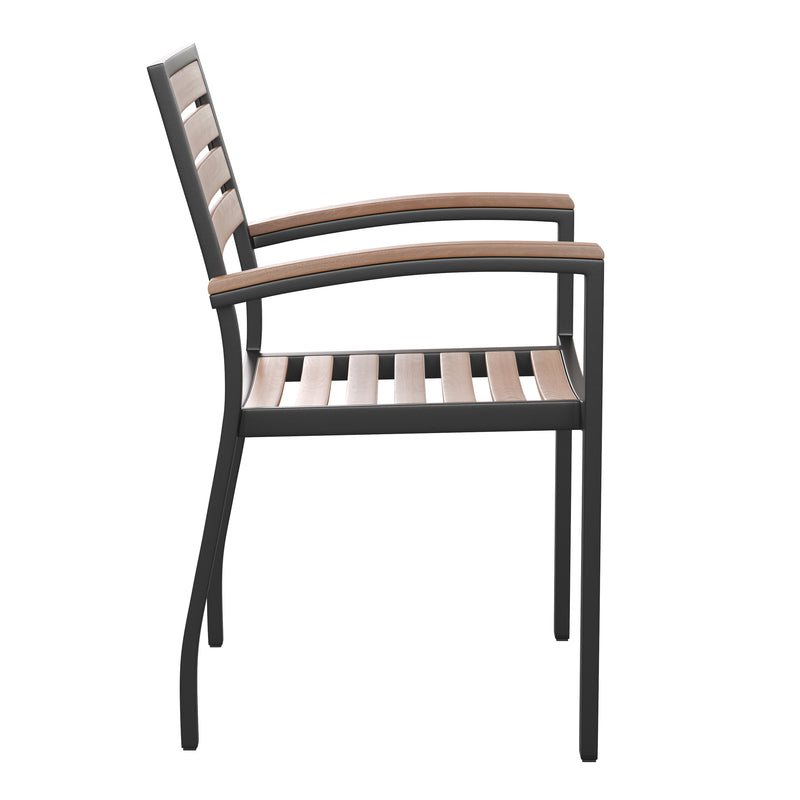 Lark 5 Piece Outdoor Dining Table Set - Synthetic Teak Poly Slats - 35" Square Steel Framed Table - Umbrella Hole - 4 Club Chairs