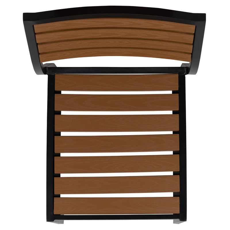 Lark 3 Piece Patio Table Set - Synthetic Teak Poly Slats - 35" Square Steel Framed Table with 2 Stackable Faux Teak Chairs
