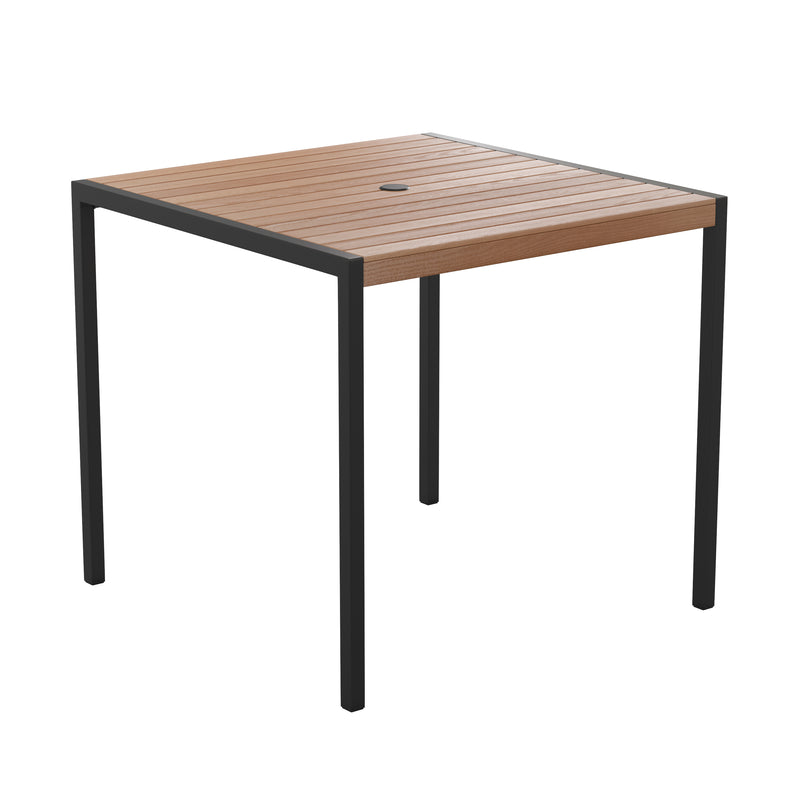 Lark 3 Piece Patio Table Set - Synthetic Teak Poly Slats - 35" Square Steel Framed Table with 2 Stackable Faux Teak Chairs