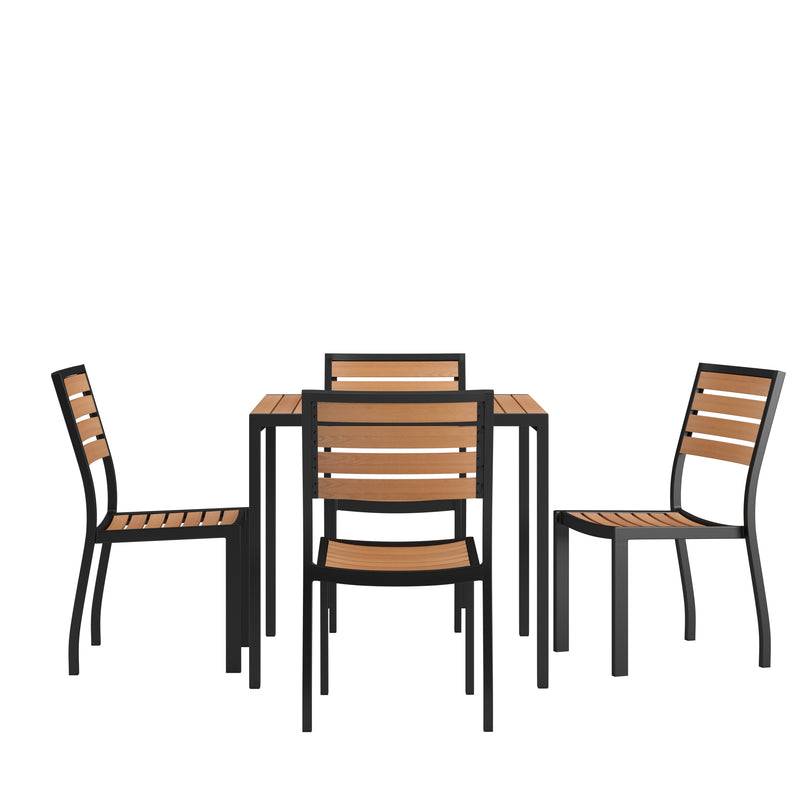 Lark 5 Piece Patio Table Set - Synthetic Teak Poly Slats - 35" Square Steel Framed Table with 4 Stackable Faux Teak Chairs