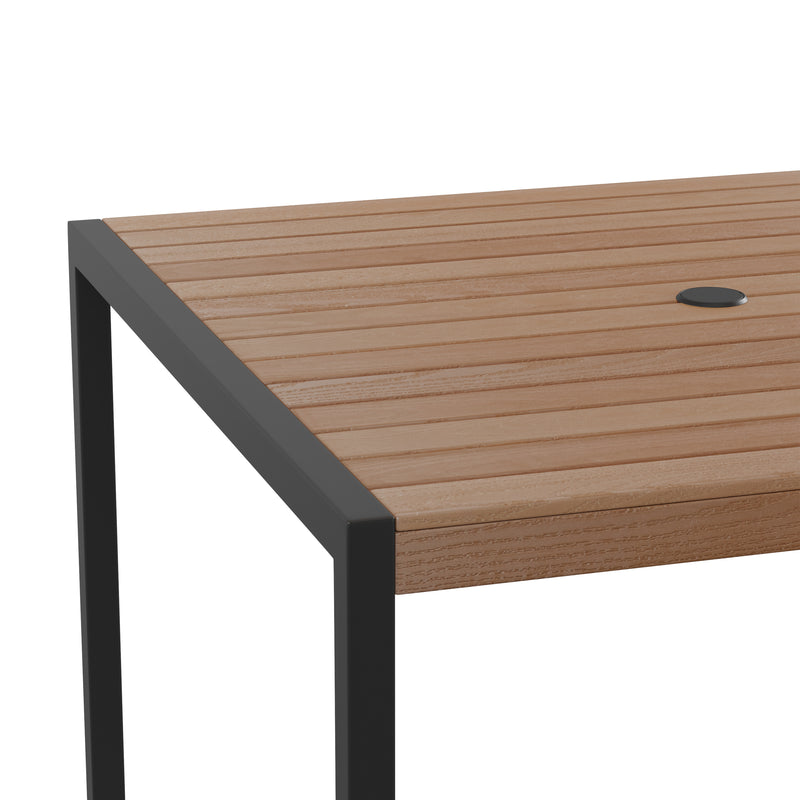 Lark 5 Piece Patio Table Set - Synthetic Teak Poly Slats - 35" Square Steel Framed Table with 4 Stackable Faux Teak Chairs