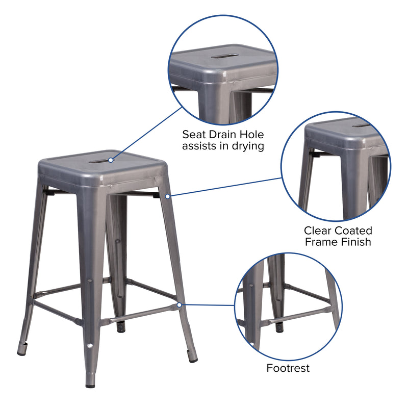 Lincoln 24'' High Backless Clear Coated Metal Indoor Counter Height Stool with Square Seat