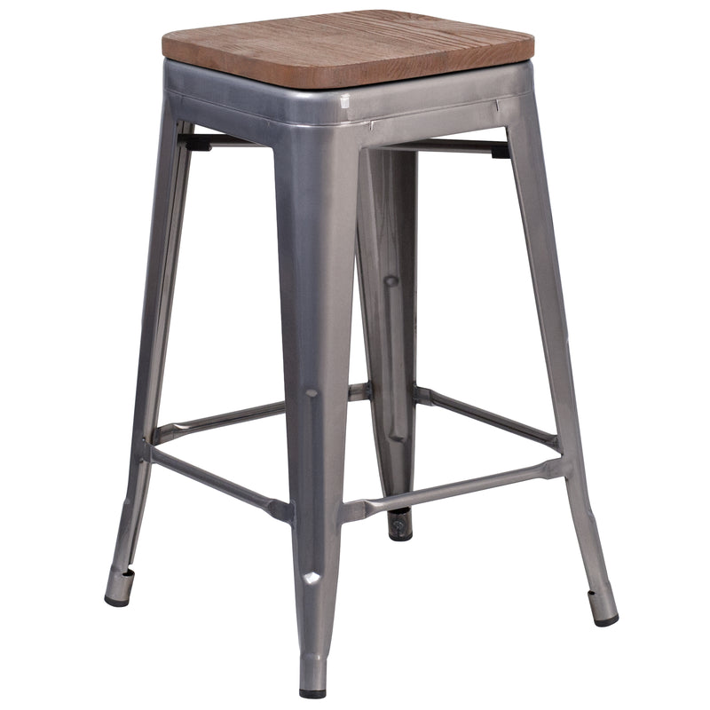 Lincoln 24" High Backless Clear Coated Metal Counter Height Stool with Square Wood Seat