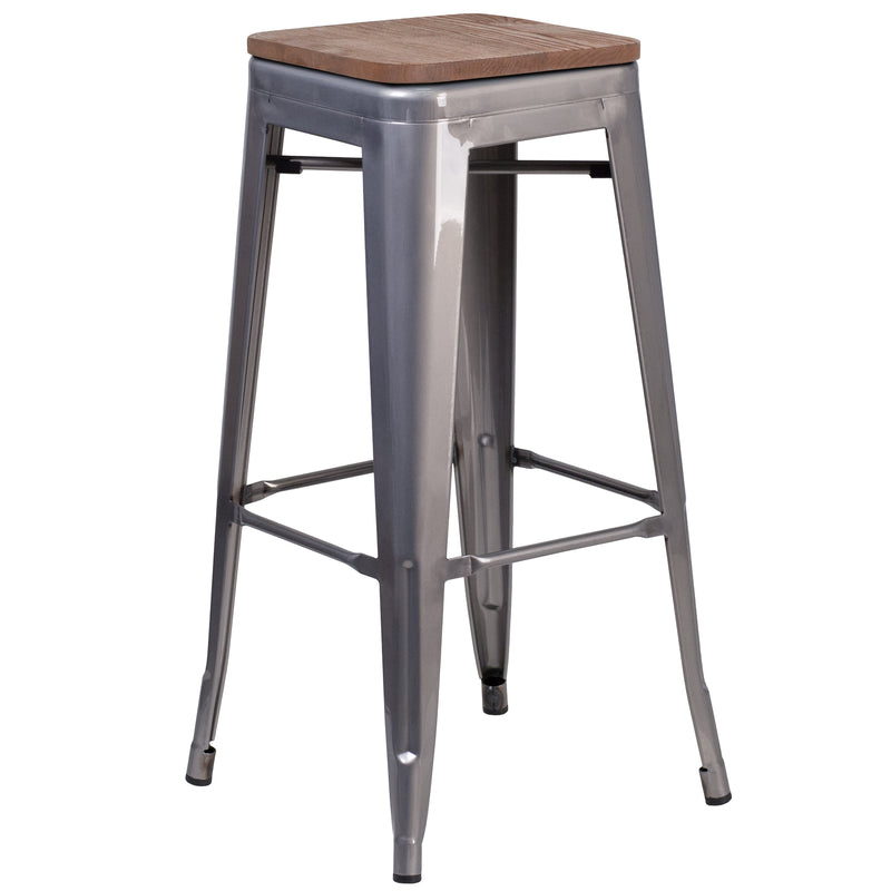 Lincoln 30" High Backless Clear Coated Metal Barstool with Square Wood Seat