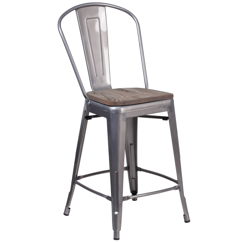 Lincoln 24" High Clear Coated Counter Height Stool with Back and Wood Seat