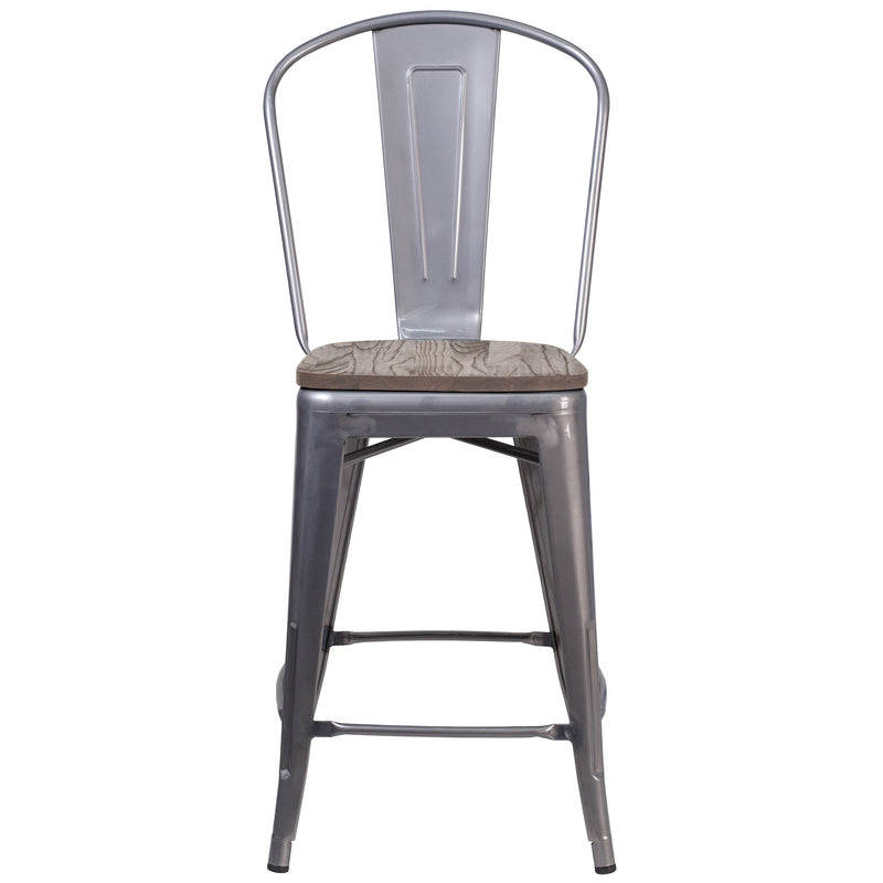 Lincoln 24" High Clear Coated Counter Height Stool with Back and Wood Seat