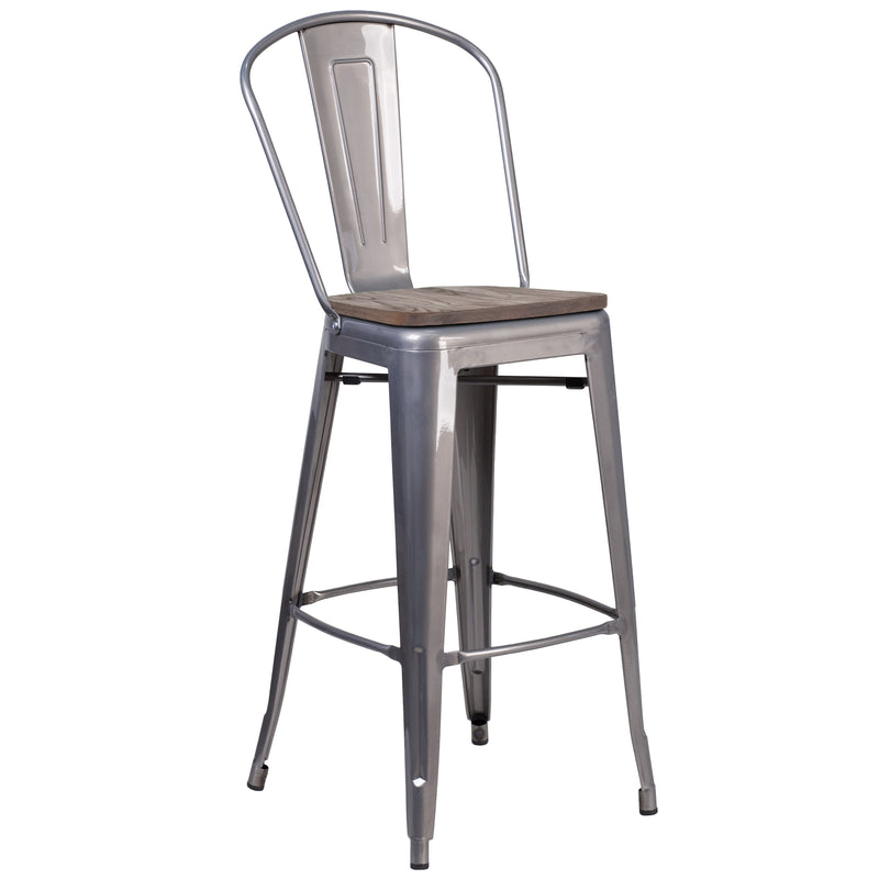 Lincoln 30" High Clear Coated Barstool with Back and Wood Seat