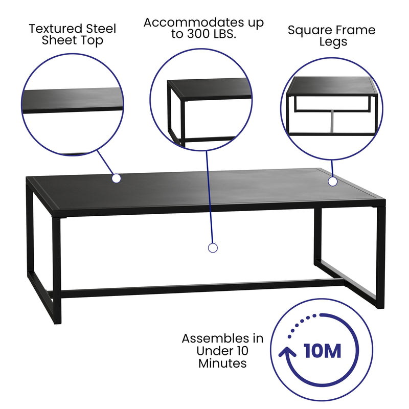 Brock Outdoor 2 Tier Patio Coffee Table Commercial Grade Black Coffee Table for Deck, Porch, or Poolside-Steel Square Leg Frame