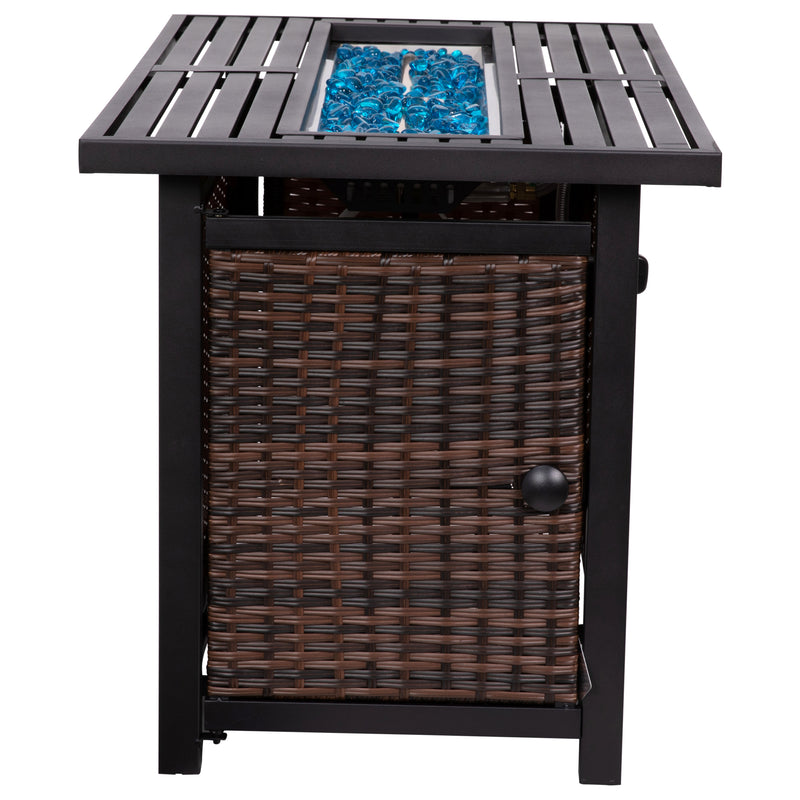Olympia 45" x 25" Outdoor Propane Gas 50,000 BTU Fire Pit Table with Stainless Steel Tabletop, Lid, Glass Beads, Wicker Base-Espresso/Black